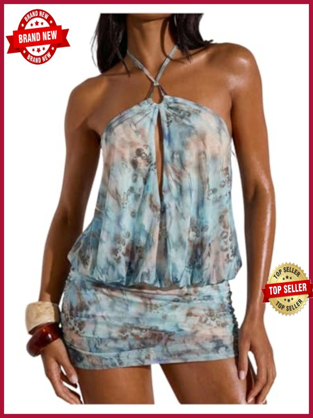 Women's Tie Dye Halter Mini Dress Bodycon Backless Sleeveless Party Club